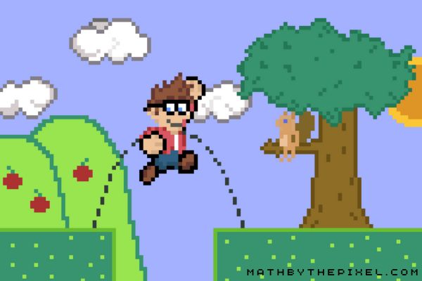 pixel character jumping over a gap